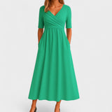 Women's Wrap Front Midi Dress - V-Neck and Short Sleeve Detail