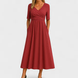 Women's Wrap Front Midi Dress - V-Neck and Short Sleeve Detail