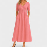 Women's Wrap Front Midi Dress - V-Neck and Short Sleeve Detail