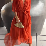 Women's Wrap Maxi Dress Plunging V Neck with Ruffled Handkerchief Hem