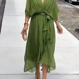 Women's Wrap Maxi Dress Plunging V Neck with Ruffled Handkerchief Hem