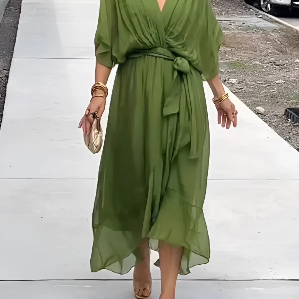 Women's Wrap Maxi Dress Plunging V Neck with Ruffled Handkerchief Hem