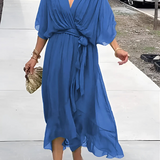 Women's Wrap Maxi Dress Plunging V Neck with Ruffled Handkerchief Hem