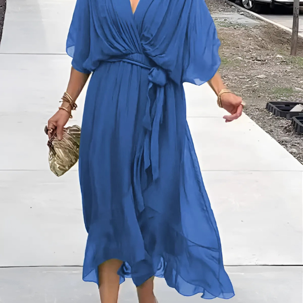 Women's Wrap Maxi Dress Plunging V Neck with Ruffled Handkerchief Hem