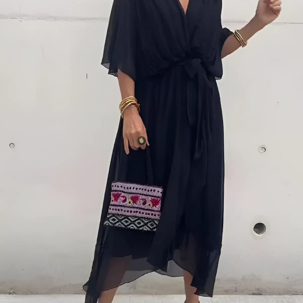 Women's Wrap Maxi Dress Plunging V Neck with Ruffled Handkerchief Hem