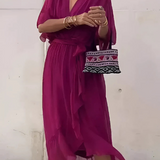 Women's Wrap Maxi Dress Plunging V Neck with Ruffled Handkerchief Hem