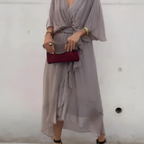 Women's Wrap Maxi Dress Plunging V Neck with Ruffled Handkerchief Hem
