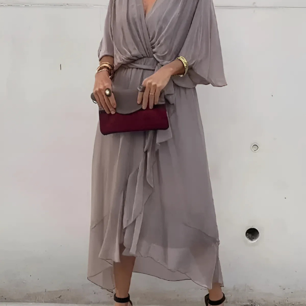 Women's Wrap Maxi Dress Plunging V Neck with Ruffled Handkerchief Hem
