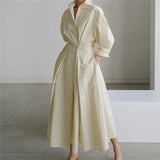 Women's Wrap Midi Dress Collared Long Sleeve