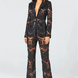 Lace Co-Ord Set with Sheer Blazer and Flared Trousers