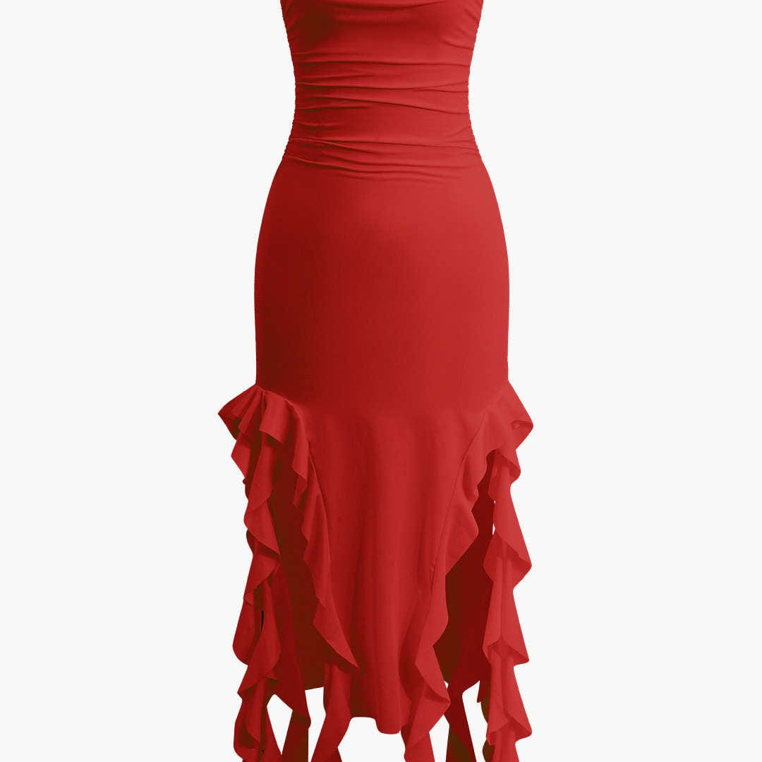 Strapless Fringe Hem Bodycon Midi Dress