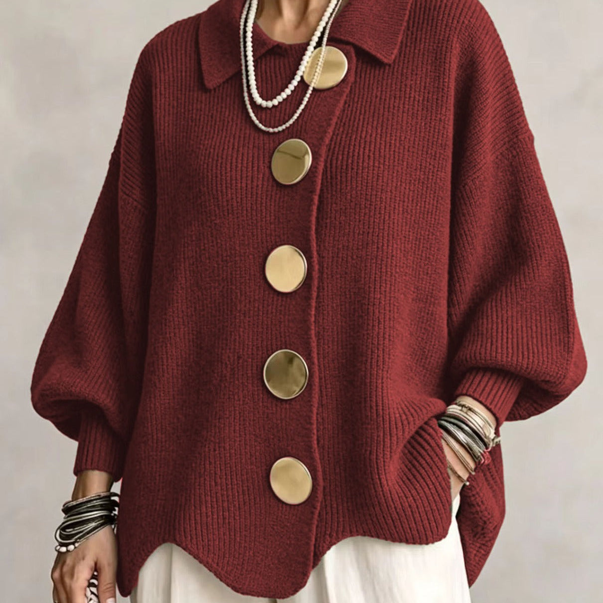 Oversized Collared Cardigan With Large Metal Buttons