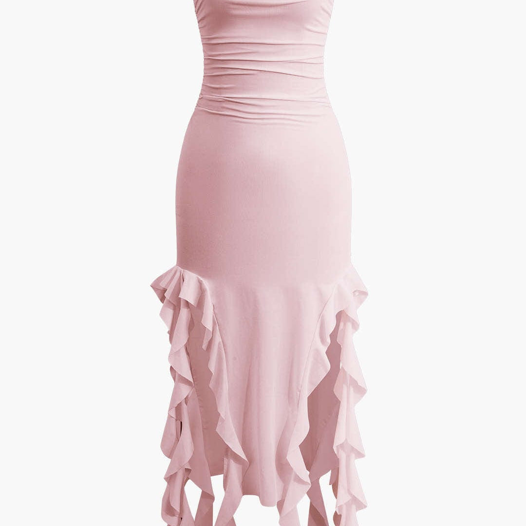 Strapless Fringe Hem Bodycon Midi Dress