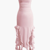 Strapless Fringe Hem Bodycon Midi Dress