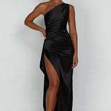One-Shoulder Satin Maxi Dress with High Slit