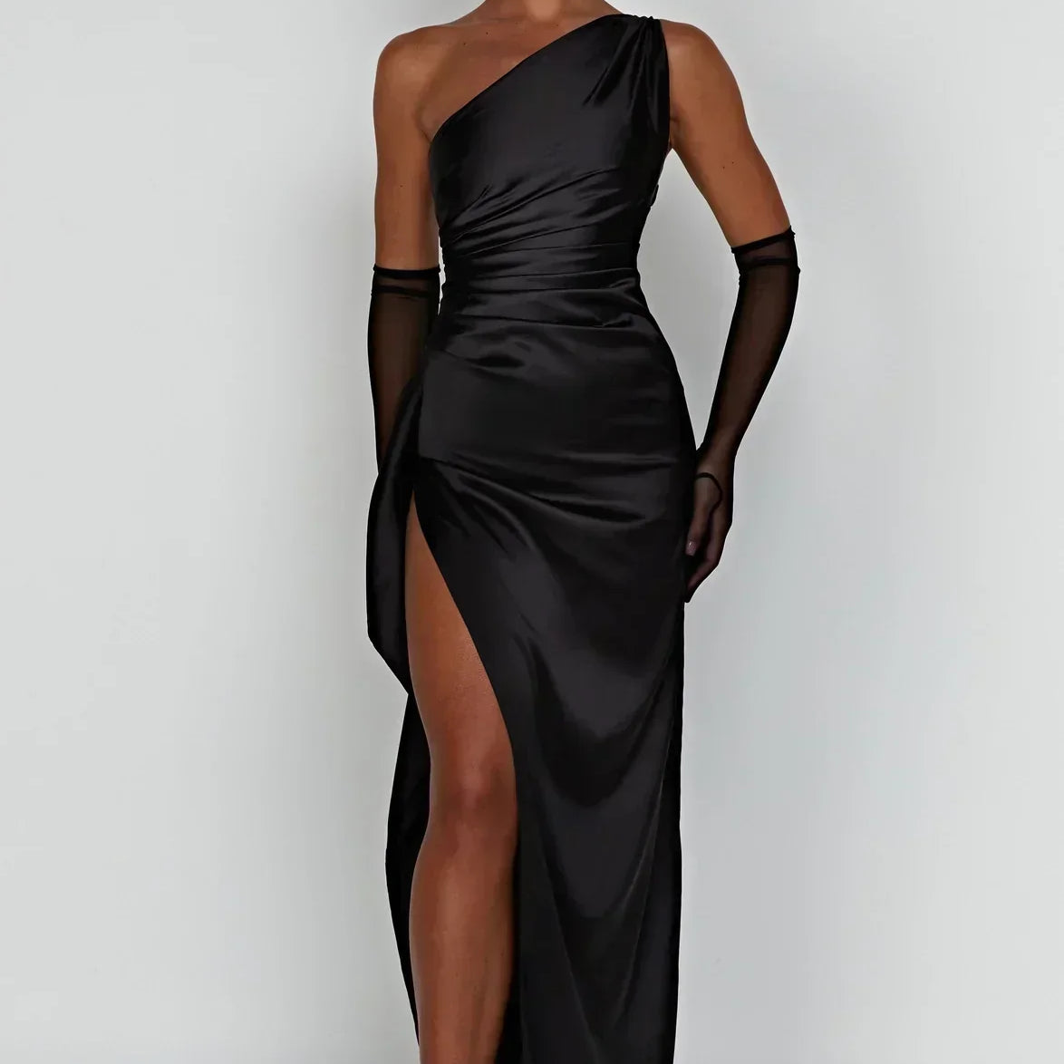 One-Shoulder Satin Maxi Dress with High Slit