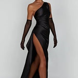 One Shoulder Satin Maxi Dress – Elegant High Slit Evening Gown