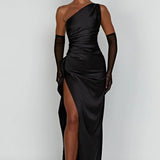 One Shoulder Satin Maxi Dress – Elegant High Slit Evening Gown
