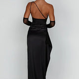 One Shoulder Satin Maxi Dress – Elegant High Slit Evening Gown