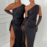 One Shoulder Satin Maxi Dress – Elegant High Slit Evening Gown