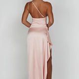 One-Shoulder Satin Maxi Dress with High Slit
