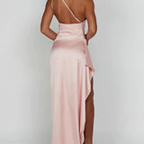 One-Shoulder Satin Maxi Dress with High Slit
