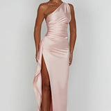 One-Shoulder Satin Maxi Dress with High Slit