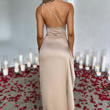 One Shoulder Satin Maxi Dress – Elegant High Slit Evening Gown