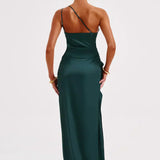 One-Shoulder Satin Maxi Dress with High Slit