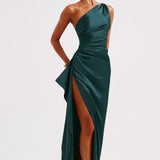 One-Shoulder Satin Maxi Dress with High Slit