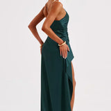 One-Shoulder Satin Maxi Dress with High Slit