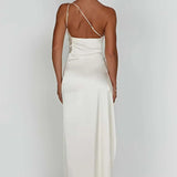 One-Shoulder Satin Maxi Dress with High Slit
