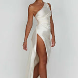 One-Shoulder Satin Maxi Dress with High Slit