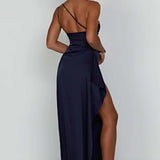 One-Shoulder Satin Maxi Dress with High Slit