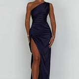 One Shoulder Satin Maxi Dress – Elegant High Slit Evening Gown
