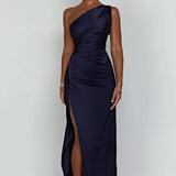 One-Shoulder Satin Maxi Dress with High Slit
