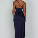 One-Shoulder Satin Maxi Dress with High Slit