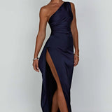 One Shoulder Satin Maxi Dress – Elegant High Slit Evening Gown