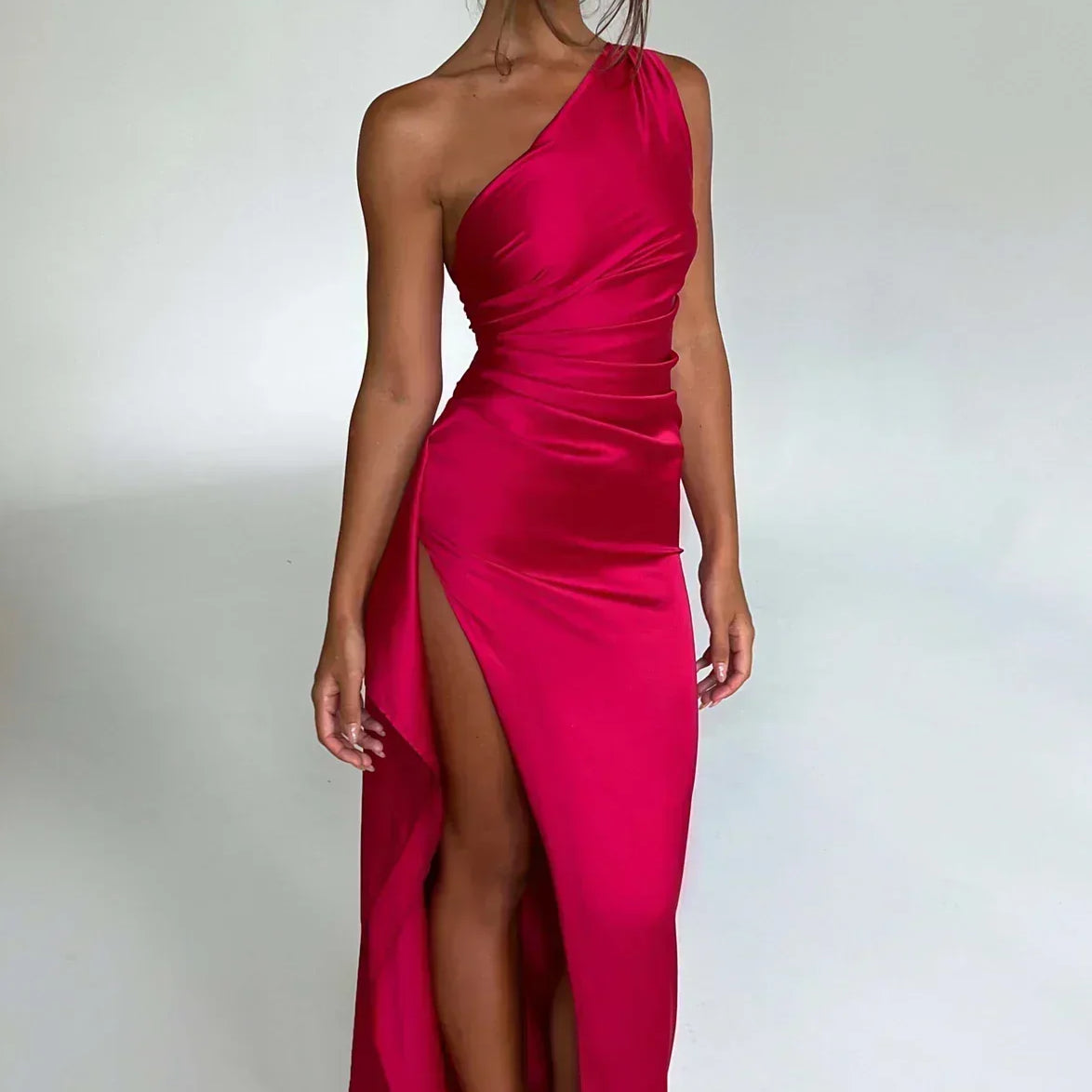 One-Shoulder Satin Maxi Dress with High Slit
