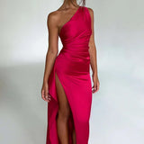 One-Shoulder Satin Maxi Dress with High Slit