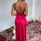 One Shoulder Satin Maxi Dress – Elegant High Slit Evening Gown
