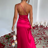 One Shoulder Satin Maxi Dress – Elegant High Slit Evening Gown