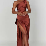 One-Shoulder Satin Maxi Dress with High Slit