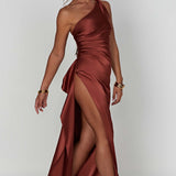 One Shoulder Satin Maxi Dress – Elegant High Slit Evening Gown