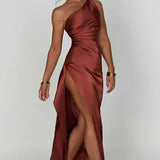 One-Shoulder Satin Maxi Dress with High Slit
