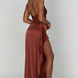 One-Shoulder Satin Maxi Dress with High Slit
