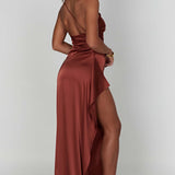 One Shoulder Satin Maxi Dress – Elegant High Slit Evening Gown