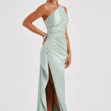 One-Shoulder Satin Maxi Dress with High Slit