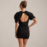Puff Sleeve Bodycon Mini Dress with High Neck
