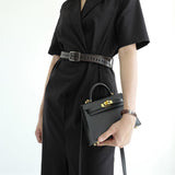 Structured Top Handle Leather Handbag with Gold Lock